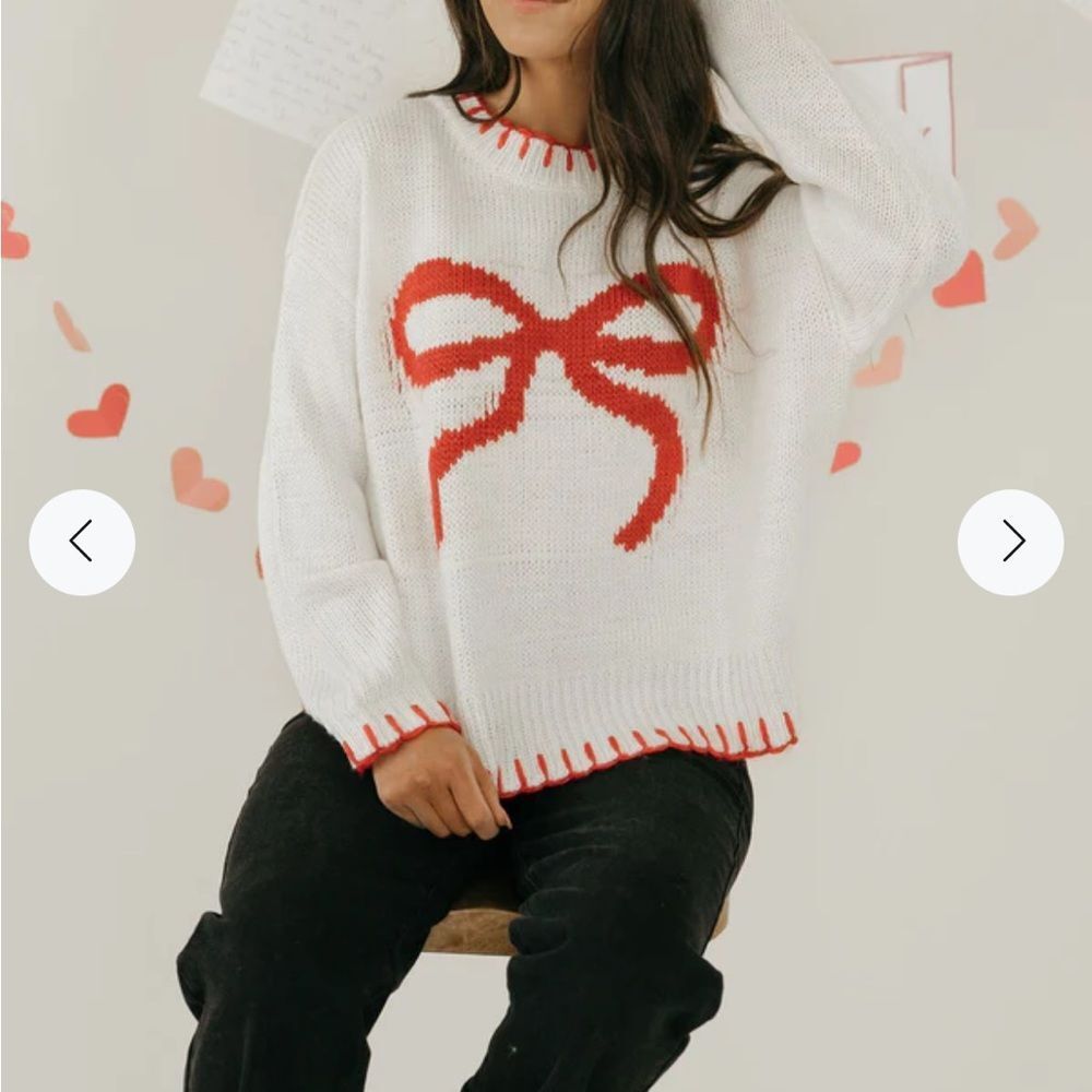 Festive Red and White Crew Neck Sweater with Bow Design